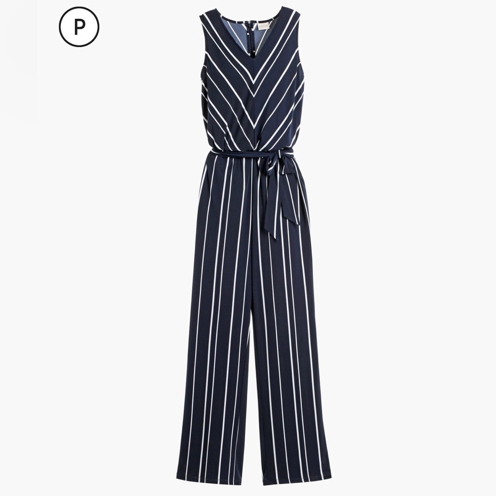 Chico’s navy and white striped jumpsuit with tie waist
